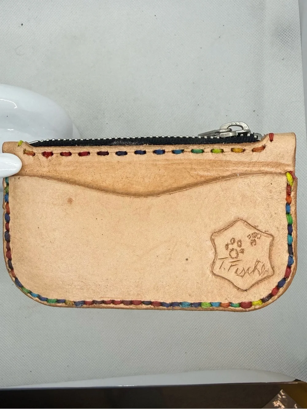 Hand Painted Progress Pride Flag Leather Zipper Pouch Rainbow Stitching